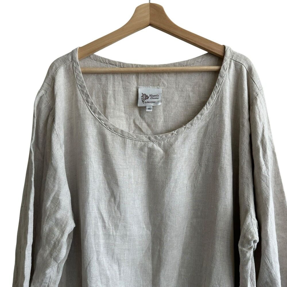 Hearts Desire By Mary Grace Tunic 1X  Linen Beige Lagenlook Asymmetrical Pockets - Picture 4 of 8